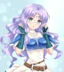  1girl :o aqua_eyes armor bangs belt blush breastplate circlet dress elbow_gloves eyebrows_visible_through_hair fingerless_gloves fire_emblem fire_emblem:_the_blazing_blade florina_(fire_emblem) glasses gloves highres kakiko210 light_purple_hair long_hair looking_at_viewer open_mouth parted_bangs solo white_dress 