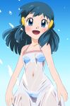  1girl blue_eyes blue_hair dawn_(pokemon) dress hainchu hair_ornament hairclip highres long_hair looking_at_viewer open_mouth pokemon pokemon_(game) pokemon_dppt smile swimsuit swimsuit_under_clothes wet wet_clothes 