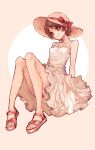  1girl arms_at_sides bare_arms bare_legs beige_background black_hair breasts circle closed_mouth collarbone dress eyelashes full_body fuura_kafuka green_eyes happy hat head_tilt highres knees_together_feet_apart legs long_eyelashes looking_at_viewer mag_(ma9xxx) pastel_colors pink_footwear red_ribbon ribbon sandals sayonara_zetsubou_sensei short_hair simple_background skinny sleeveless sleeveless_dress small_breasts smile solo straw_hat sun_hat sundress tareme very_short_hair white_dress 