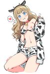  1girl 2021 animal_ears animal_print bangs bare_legs bare_shoulders bell bikini bikini_pull bikini_top black_hairband blue_eyes blunt_bangs blush breasts cardigan chinese_zodiac clothes_pull collar cow_ears cow_girl cow_horns cow_print cowbell cowboy_shot cropped_legs dated fake_animal_ears fake_horns grin hairband head_tilt heart highres horns light_brown_hair long_hair looking_at_viewer medium_breasts mewkledreamy midriff navel neck_bell nipples off-shoulder_sweater off_shoulder one_breast_out open_cardigan open_clothes pulled_by_self red_collar short_shorts shorts simple_background smile solo speech_bubble spoken_heart stomach sweater swimsuit tsukishima_maira white_background year_of_the_ox yoban 