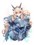  1girl absurdres armor bangs blonde_hair blue_eyes blush breastplate breasts chain fate/grand_order fate_(series) faulds gauntlets gawain_(fairy_knight)_(fate) greaves heterochromia highres horns kive large_breasts long_hair looking_at_viewer open_mouth orange_eyes pauldrons shoulder_armor solo 