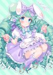  1girl animal_ears animal_slippers apron bangs blue_apron bow bunny bunny_slippers commission drill_hair frilled_apron frilled_bow frills full_body green_footwear highres long_hair loose_socks miruku_(cutesuu) nokachoco114 open_mouth original purple_bow purple_legwear purple_skirt skeb_commission skirt slippers solo striped 