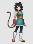  1girl armor arms_at_sides bare_arms black_eyes black_hair black_legwear boots breasts closed_mouth collarbone dot_nose dragon_ball dragon_ball_minus dragon_ball_super dragon_ball_super_broly eyelashes full_body gine green_skirt grey_background hair_between_eyes kemachiku knee_boots legs_apart looking_at_viewer medium_breasts medium_hair monkey_tail pantyhose pink_wristband shiny shiny_hair simple_background skirt smile solo spiked_hair standing tail white_footwear wristband 
