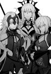  3girls absurdres ahoge artoria_pendragon_(all) breasts chain cleavage dress excalibur_morgan_(fate) fate/grand_order fate_(series) greyscale highres jeanne_d&#039;arc_(alter)_(fate) jeanne_d&#039;arc_(fate)_(all) long_hair monochrome morgan_le_fay_(fate) multiple_girls ryousuke_(tukr5384) saber_alter signature smile sword weapon white_background 