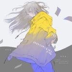  1girl 2018 blue_pants book cowboy_shot drawstring grey_eyes grey_hair holding holding_book hood hood_down illustration.media jacket long_hair long_sleeves looking_at_viewer nekosuke_(oxo) original pants paper signature solo yellow_jacket 