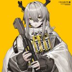  1girl antlers arknights black_sleeves chinese_commentary coat copyright_name firewatch_(arknights) firewatch_(snow_covered)_(arknights) five-fall grey_hair gun hair_between_eyes highres holding holding_weapon long_hair official_alternate_costume reindeer_antlers simple_background solo upper_body weapon white_coat yellow_background yellow_eyes 