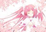  1girl absurdly_long_hair arms_at_sides blurry blurry_background branch breasts cherry_blossoms cleavage cleavage_cutout closed_eyes closed_mouth clothing_cutout depth_of_field dot_nose eyebrows_visible_through_hair eyelashes facing_viewer floating_hair flower hair_ribbon happy highres kaname_madoka layered_sleeves light_particles long_eyelashes long_hair mahou_shoujo_madoka_magica petals pink_flower pink_hair pink_theme ribbon shiny shiny_hair simple_background small_breasts solo straight_hair tree_branch two_side_up ultimate_madoka upper_body very_long_hair white_background white_ribbon wide_sleeves yukineko_(yukineko_stella) 