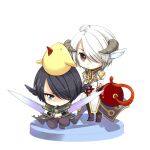  2boys ahoge animal_on_head armor assassin_(ragnarok_online) bandages bangs bird bird_on_head black_coat black_eyes black_footwear black_hair brown_eyes brown_pants chibi closed_mouth coat commentary_request dagger dual_wielding full_body hair_between_eyes hair_over_one_eye head_wings high_priest_(ragnarok_online) holding holding_dagger holding_staff holding_weapon horns jamadhar knife layered_clothing leaf long_sleeves looking_at_viewer male_focus mouth_hold multiple_boys on_head one_knee pants pauldrons purple_shirt ragnarok_online sasai_saki shirt shoes short_hair shoulder_armor simple_background staff stalk_in_mouth standing weapon white_background white_coat white_hair white_wings wings 