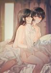  2girls absurdres aoyagi_tsubaki bed bed_sheet black_hair black_nails blurry blurry_background blush bottomless breasts brown_eyes closed_mouth collarbone commentary d4dj eyebrows_visible_through_hair giraffe_three grey_eyes hand_on_another&#039;s_thigh head_on_another&#039;s_shoulder hickey highres hug hug_from_behind indoors long_hair looking_at_viewer miyake_aoi multiple_girls nail_polish no_bra nude on_bed open_clothes open_shirt profile shirt short_hair sitting sitting_on_bed small_breasts white_shirt yuri 