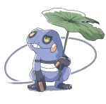  commentary_request croagunk full_body gen_4_pokemon highres holding holding_leaf kotobukkii_(yt_lvlv) leaf looking_up no_humans pokemon pokemon_(creature) solo standing teeth toes white_background 