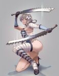  1girl bandaged_arm bandaged_leg bandages bangs black_footwear black_gloves blue_dress breasts dress dual_wielding gloves grey_background hair_behind_ear hair_rings high_heels holding holding_sword holding_weapon kaine_(nier) lingerie medium_breasts negligee nier nier_(series) panties sasanomesi silver_hair solo sword underwear watermark weapon white_panties yellow_eyes 