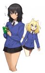  2girls ^^^ andou_(girls_und_panzer) animal_ears bangs bc_freedom_school_uniform black_dress black_eyes black_hair blonde_hair blue_cardigan blue_eyes blue_neckwear cardigan cat_ears cat_tail chestnut_mouth closed_mouth commentary_request cropped_legs dark_skin diagonal-striped_neckwear diagonal_stripes dress dress_shirt eighth_note girls_und_panzer holding kemonomimi_mode long_sleeves looking_at_another medium_hair messy_hair multiple_girls musical_note necktie oshida_(girls_und_panzer) pleated_dress red_neckwear school_uniform shirt short_dress smile standing striped striped_neckwear tail tan_(inka) translated white_shirt wing_collar 