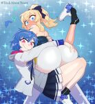  2girls ass back bare_shoulders black_legwear blonde_hair blue_eyes blue_hair blush full-face_blush gauron genshin_impact highres hug jacket jean_gunnhildr long_hair looking_at_viewer multiple_girls nijisanji nishizono_chigusa pleated_skirt ponytail purple_eyes short_hair skirt smile socks tenk 