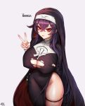  1girl absurdres bangs breasts character_name cleavage crossed_bangs dalman dress habit headwear highres huge_breasts huge_filesize last_origin long_hair looking_at_viewer nun purple_hair red_eyes side_slit signature simple_background taut_clothes taut_dress torn_clothes v veronica_type-asc white_background 