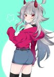  1girl ahoge alternate_costume azur_lane commentary_request grey_hair hibiki_(azur_lane) hood hoodie horns long_hair long_sleeves looking_at_viewer miniskirt off_shoulder oni_horns open_mouth pone red_eyes skirt smile solo sweater thighhighs 