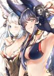  2girls absurdres animal_ears arm_up armpits bangs bell black_gloves black_hair blue_eyes blush breasts cleavage closed_mouth collarbone commentary_request erune fang fang_out fox_ears fox_shadow_puppet fox_tail fur_trim gloves granblue_fantasy hair_bell hair_ornament highres jingle_bell large_breasts long_hair looking_at_viewer multiple_girls nabeji_(wata_nb) navel one_eye_closed red_eyes silver_hair smile socie_(granblue_fantasy) tail very_long_hair yuel_(granblue_fantasy) 