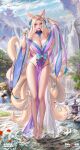  1girl ahri animal_ear_fluff animal_ears arms_up ass bad_anatomy bangs barefoot bell bird blonde_hair blue_eyes blue_neckwear blush breasts detached_collar facial_mark fox_ears fox_tail hair_bell hair_ornament hair_ribbon highres korean_clothes large_breasts league_of_legends long_hair looking_at_viewer mountain nail_polish nipples open_mouth parted_bangs ribbon seductive_smile sky smile soles solo spirit_blossom_ahri tail tongue tongue_out tree tsuki_no_i-min water waterfall wet whisker_markings 