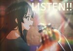  1girl akiyama_mio bangs black_eyes black_hair blunt_bangs blurry blush chromatic_aberration commentary_request film_grain highres hime_cut instrument k-on! listen!! long_hair microphone open_mouth sidelocks solo sweat tagme upper_body verse 