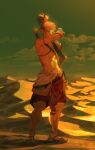  1boy abs arm_up bangs blonde_hair blue_eyes cloud desert desert_voe_set_(zelda) earrings full_body green_sky jewelry link male_focus outdoors pants pointy_ears ponytail sand sandals scar scar_on_arm scar_on_chest solo standing starstruckdon sunset the_legend_of_zelda the_legend_of_zelda:_breath_of_the_wild weapon weapon_on_back 
