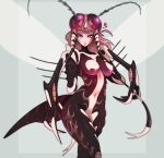  1girl antennae arthropod_girl breasts compound_eyes cowboy_shot extra_eyes green_background highres insect_wings justrube large_breasts long_hair monster_girl mosquito_girl mosquito_musume navel one-punch_man pink_eyes simple_background wings 