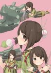  1girl bowgun brown_eyes brown_hair dango eating food grin lying monster_hunter_(series) monster_hunter_rise on_stomach pink_background sanshoku_dango skewer smile sniping wagashi weapon weapon_on_back yakihebi yomogi_(monster_hunter) 