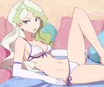 1girl 90millimetri bikini blonde_hair blue_eyes breasts cleavage collarbone diana_cavendish elbow_gloves gloves little_witch_academia long_hair looking_at_viewer medium_breasts navel open_mouth pillow shiny shiny_skin side-tie_bikini solo swimsuit white_bikini white_gloves 
