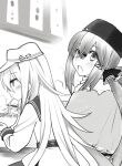  2girls bangs blush bowl chopsticks eating flat_cap food greyscale hair_between_eyes hair_ornament hairclip hammer_and_sickle hat hibiki_(kancolle) highres holding holding_chopsticks jacket kagesaki_yuna kantai_collection long_hair long_sleeves low_twintails monochrome multiple_girls noodles papakha shawl sidelocks star_(symbol) steam sweat tashkent_(kancolle) twintails verniy_(kancolle) 