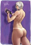  1girl adjusting_clothes adjusting_gloves angel_(kof) artist_name ass black_gloves blue_eyes coffeebeanbrush fingerless_gloves gloves jacket lips looking_back muscular muscular_female nude panties pants short_hair snk tan tanline the_king_of_fighters thighs toned underwear white_hair 