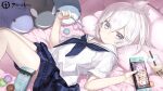  1girl ayanami_(azur_lane) azur_lane bangs bed_sheet blue_neckwear blue_skirt brand_name_imitation bubble_tea capriccio commentary_request copyright_name cup disposable_cup drinking_straw eyebrows_visible_through_hair feet_out_of_frame food grey_eyes hair_between_eyes holding javelin_(azur_lane) knees_up laffey_(azur_lane) looking_at_viewer lying macaron neckerchief official_art on_back pillow plaid plaid_skirt pocky sailor_collar shirt short_sleeves skirt solo stuffed_animal stuffed_orca stuffed_shark stuffed_toy stuffed_whale u-110_(azur_lane) watermark white_hair white_sailor_collar white_shirt 