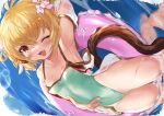  1girl andira_(granblue_fantasy) animal_ears blonde_hair casual_one-piece_swimsuit commentary_request cowboy_shot erune flower granblue_fantasy green_swimsuit hair_flower hair_ornament highres innertube looking_at_viewer maou_(maoudaisukiya) monkey_ears monkey_girl monkey_tail one-piece_swimsuit pink_innertube short_hair smile solo swimsuit tail 