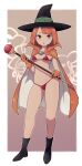  1girl bangs bikini blunt_bangs boots breasts cape collarbone collared_cape dragon_quest dragon_quest_iii gem gloves hat high_heel_boots high_heels highres holding holding_staff lamb-oic029 mage_(dq3) navel orange_cape orange_eyes orange_gloves orange_hair outside_border red_bikini shoes small_breasts solo staff swimsuit two-sided_cape two-sided_fabric white_cape witch witch_hat 