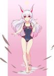 1girl 7t absurdres animal_ears bangs barefoot closed_mouth cross fox_ears full_body hair_between_eyes highres honkai_(series) honkai_impact_3rd long_hair looking_at_viewer one-piece_swimsuit pink_background pink_eyes pink_hair solo standing swimsuit theresa_apocalypse theresa_apocalypse_(sakura_rondo) toes walking white_background 