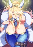  1girl animal_ears artoria_pendragon_(all) artoria_pendragon_(swimsuit_ruler)_(fate) bare_shoulders blonde_hair blue_legwear breasts bunny_ears crown fate/grand_order fate_(series) feather_boa fishnet_legwear fishnets green_eyes hair_between_eyes hand_on_hip hanging_breasts holster kikunosukemaru leaning_forward looking_at_viewer navel necktie pantyhose playboy_bunny poker_chip ponytail smile solo sparkle thigh_holster 