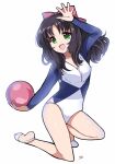  1girl arm_up athletic_leotard ball black_hair blue_leotard bow character_request commentary_request full_body green_eyes gymnastics hair_bow half-soles legs leotard long_hair miyamori_raira one_knee open_mouth rhythmic_gymnastics ribbon simple_background smile solo thighs tokyo_mew_mew two-tone_leotard white_background white_footwear white_leotard 