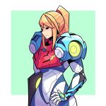  1girl arm_cannon armor bangs blonde_hair blue_eyes glowing highres long_hair metroid metroid_dread nintendo ponytail power_armor samus_aran science_fiction sidelocks simple_background solo timtam upper_body varia_suit weapon 