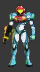 1girl arm_cannon armor boots dreaminerryday full_armor full_body helmet highres holding looking_at_viewer metroid metroid_dread power_armor samus_aran science_fiction shoulder_armor sidelocks simple_background solo visor weapon 