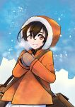  1girl bag bangs blush braid breath brown_hair brown_mittens eyebrows_visible_through_hair fur-trimmed_hood fur_trim hair_between_eyes hands_together hood hood_up jacket kagesaki_yuna kantai_collection long_sleeves looking_at_viewer mittens orange_eyes orange_jacket outdoors shoulder_bag skirt solo souya_(kancolle) white_skirt 