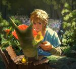  1boy absurdres bangs blonde_hair blue_eyes bush collarbone earrings field flower flower_field hat highres holding holding_flower jewelry korok link long_sleeves looking_at_another lower_teeth male_focus nature nuavic outdoors pointy_ears signature smile solo the_legend_of_zelda the_legend_of_zelda:_breath_of_the_wild tree tree_stump tunic white_flower yellow_flower 