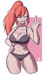  barbara_francine_gregor breasts commission commissioner_upload freckles ginger green_eyes highres large_breasts lingerie little_j middle_finger muscular muscular_female original ponytail red_hair scar scar_on_cheek scar_on_chest scar_on_face thick_thighs thighs underwear 