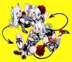  3girls alternate_costume animal_ear_fluff animal_ears arm_support arm_warmers ass blush boots breasts cerberus_(helltaker) cheerleader demon_tail gaak11977 helltaker knee_boots long_hair looking_at_viewer multiple_girls pom_pom_(cheerleading) red_eyes tail thighs underboob v_arms white_hair yellow_background 