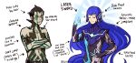  2boys androgynous bangs black_hair closed_eyes collarbone crossed_arms crossover english_text eyelashes full-body_tattoo gzei hitoshura long_hair looking_at_viewer male_focus multiple_boys protagonist_(smtv) purple_hair shin_megami_tensei shin_megami_tensei_iii:_nocturne shin_megami_tensei_v shirtless short_hair simple_background smile tattoo yellow_eyes 