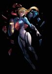  1girl arm_cannon armor bangs blonde_hair blue_eyes breasts gun helmet large_breasts long_hair metroid metroid_dread phamoz ponytail power_armor samus_aran science_fiction sidelocks simple_background solo upper_body varia_suit visor weapon 