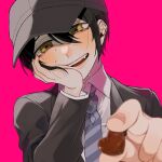  1boy bangs black_hair black_headwear black_jacket blush brown_eyes candy chocolate chocolate_heart collared_shirt commentary_request danganronpa_(series) danganronpa_v3:_killing_harmony fangs food hair_between_eyes hand_on_own_cheek hand_on_own_face hat heart highres jacket long_sleeves looking_at_viewer male_focus necktie niwatori_panda official_alternate_costume open_mouth pink_background saihara_shuuichi shirt simple_background smile solo striped striped_neckwear sweat teeth upper_body white_shirt 