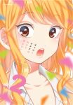  1girl blonde_hair blurry blurry_foreground blush body_writing brown_eyes cover cover_page depth_of_field face_painting gal_to_otaku_wa_wakari_aenai. gyaru highres kawai_rou kogal long_hair looking_at_viewer manga_cover open_mouth portrait solo wide-eyed 