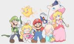  1other 2boys 3girls blue_eyes bow_(weapon) buck_teeth cannon crown facial_hair gun hat looking_at_viewer luigi luma_(mario) mario mario_(series) mario_+_rabbids_sparks_of_hope mini_crown multiple_boys multiple_girls mustache omochi_(glassheart_0u0) overalls parasol princess_peach rabbid rabbid_luma rabbid_peach rabbid_rosalina raving_rabbids simple_background smile umbrella weapon 