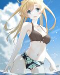  1girl abukuma_(kancolle) alternate_breast_size bikini blonde_hair blue_eyes blue_sky breasts cleavage cloud cowboy_shot day double_bun hair_rings kantai_collection leaf_print long_hair looking_at_viewer medium_breasts mismatched_bikini neve outdoors sky soaking_feet solo swimsuit water 