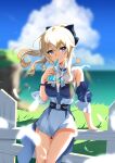  1girl bare_shoulders belt blonde_hair blouse blue_eyes blue_sky bow cloud cloudy_sky cup detached_sleeves drink drinking_straw ett fence genshin_impact grass hair_bow highres jean_gunnhildr looking_at_viewer paw_print ponytail shorts sky 