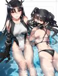  2girls ass back bikini black_bikini black_hair breasts brown_eyes commentary_request competition_swimsuit cowboy_shot executioner_(girls&#039;_frontline) gas_mask girls&#039;_frontline horns long_hair looking_at_viewer lying mechanical_arms medium_breasts multiple_girls on_stomach one-piece_swimsuit parted_lips partially_submerged red_eyes sangvis_ferri scarecrow_(girls&#039;_frontline) single_mechanical_arm sitting smile swimsuit twintails water wavy_hair white_legwear work_in_progress zen_juraku 