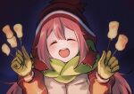 1girl bangs blush brown_headwear closed_eyes coat commentary_request eyelashes facing_viewer food fuwamoko_momen_toufu gloves green_scarf hands_up happy hat highres holding holding_stick kagamihara_nadeshiko long_sleeves marshmallow night open_mouth outdoors pink_hair scarf sky smile solo stick tongue upper_body upper_teeth yurucamp |d 