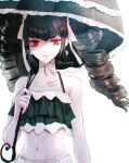  1girl bangs bare_arms bare_shoulders bikini black_bikini black_eyes black_hair black_umbrella blunt_bangs celestia_ludenberg closed_mouth collarbone commentary_request danganronpa:_trigger_happy_havoc danganronpa_(series) drill_hair eyebrows_visible_through_hair frilled_umbrella hand_up hat holding long_hair looking_at_viewer midriff navel pale_skin red_eyes sakuyu simple_background smile solo stomach swimsuit twin_drills twintails twitter_username umbrella upper_body white_background 
